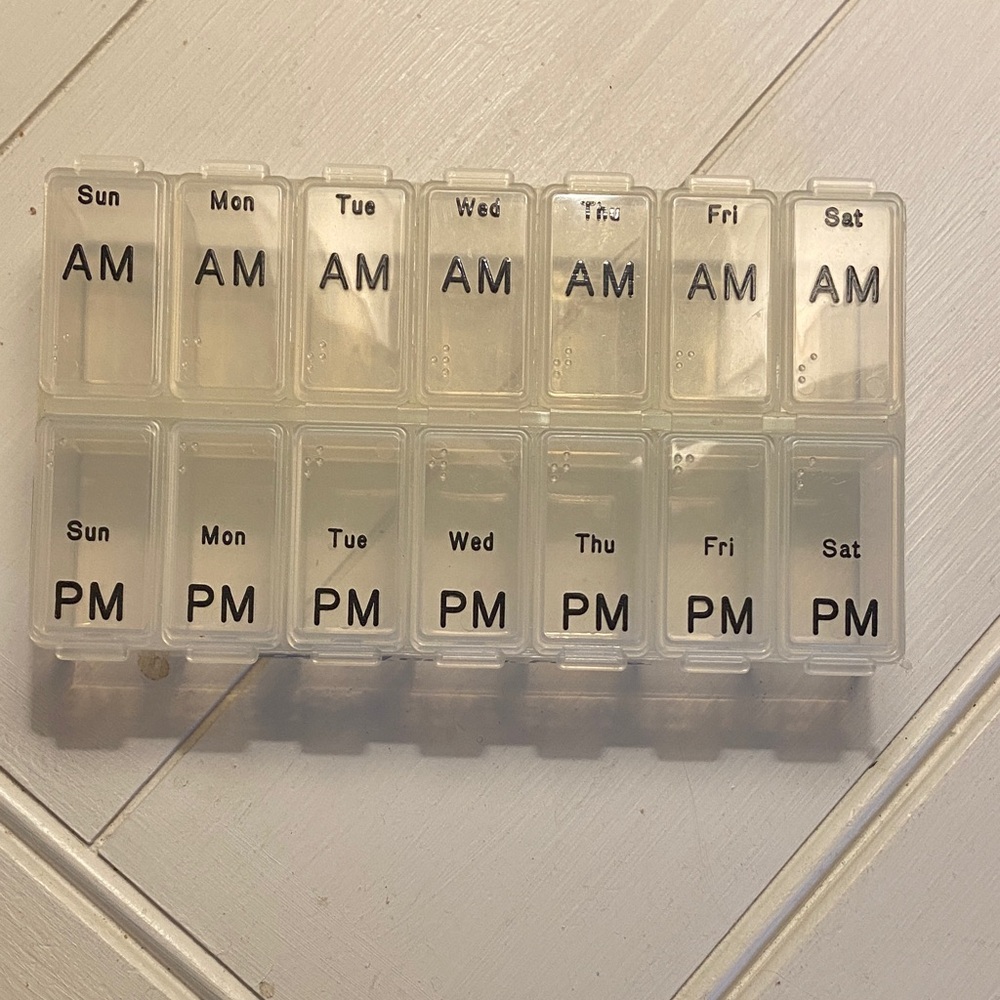 Weekly Pill Organizer with AM/PM Compartments also Braille for each day.